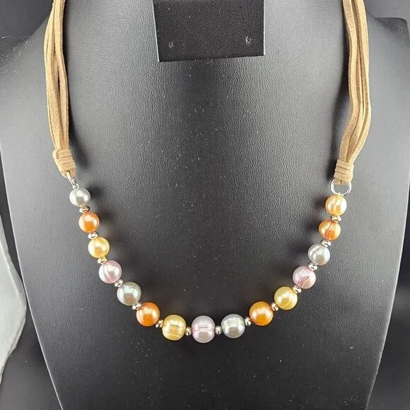 NWT Honora Multi-Color Cultured  Pearl Necklace Tan Cord Adjustable Box & Bag - Picture 2 of 10